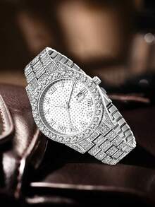 男士银色表带腕表三件套，时尚奢华罗马数字表盘，日历及毕业纪念设计，石英表，搭配手链和项链，珠宝套装，适合日常佩戴、装饰或作为节日礼物。