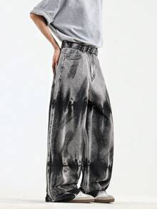 1 件男士美式复古嘻哈牛仔裤，高街个性化水洗阔腿休闲宽松街头风裤子，垃圾摇滚 - 黑色 - 查看 5