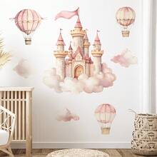 奇幻城堡与热气球墙贴 - 可移除防水 PVC 贴纸，粉色闪光梦幻设计 - 自粘装饰，适用于婴儿房、卧室和家居室内装饰 - 29.97 厘米 X 89.92 厘米 - 彩色 - 查看 1