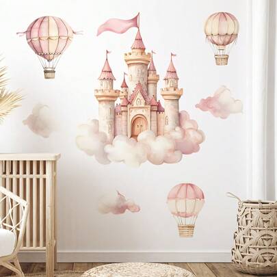 奇幻城堡与热气球墙贴 - 可移除防水 PVC 贴纸，粉色闪光梦幻设计 - 自粘装饰，适用于婴儿房、卧室和家居室内装饰 - 29.97 厘米 X 89.92 厘米
