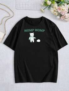 Camiseta de talla grande con estampado de oso Womp Womp para mujer, camiseta gráfica de dibujos animados, camiseta informal de moda, top único estilo streetwear, suave mezcla de algodón - ¡El regalo perfecto! - Negro - Ver 3