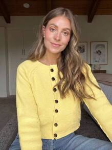 جاكيت كارديجان محبوكة بأكمام راجلان وأزرار، بياقة دائرية، بأكمام طويلة، لون أصفر زبدي، للنساء في الربيع والصيف والخريف، للاستخدام اليومي