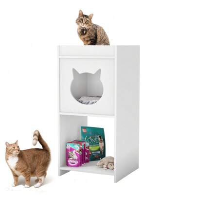Mesa de Cabeceira Neko com Casinha Para Gato e Nicho Integrado Branco  - Desk Design