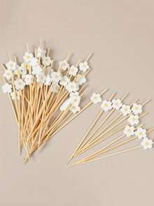 50/100Pcs Bamboo Pick Sweet Daisy Theme Flower Fruit Fork, Party Dessert Salad Stick Cocktail Skewer, Wooden Picks Wedding Birthday Party Supplies
