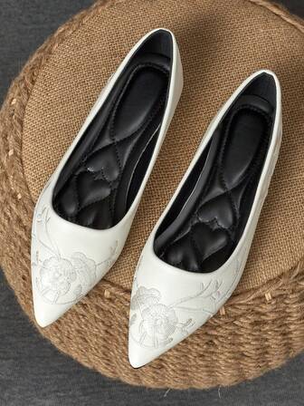 WHDXY 1 Pair Women's New Chinese Style Embroidered Flat Shoes, Comfortable Work Shoes For Long Hours, Slip-Resistant Soft Bottom Leather Shoes, Suitable For Office, Flight Attendant, Casual Professional Wear