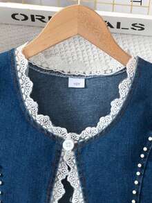 Conjunto de 3 peças: colete jeans com acabamento floral, camisola de malha e saia com babados em camadas para meninas, roupa casual e moderna de primavera/verão - Branco - Ver 3