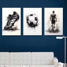 3pcs Modern Black And White Graffiti Football Wall Arts Canvas Posters, High-Definition Printing With Optional High-Quality Frame, Hanging Paintings For Living Room And Bedroom Home Decoration - Black and White - View 3