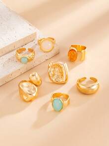 7 件复古时尚几何玉石镶嵌戒指套装，厚金属金色戒指适合女性日常佩戴和派对装饰，礼品首饰套装 - 金黃色 - 查看 10