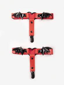 1 Pair Women's Gothic Bat Wing & Heart Design Adjustable Sock Garters, Punk Style Leg Accessory - A - View 7