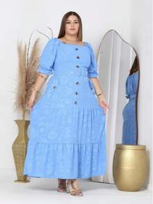 Long Dress With Belt Duna Fabric 3D Floral Plus Size Simple Elegant Conservative/Modest Buttons Front Button Sweetheart Formal & Evening - 天藍色 - 查看 2