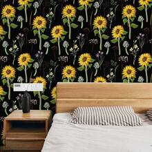 Papel tapiz floral autoadhesivo despegable y adherible de 45 x 30 cm, con diseño de girasoles, autoadhesivo, extraíble, estilo bohemio, ideal para baños. - Amarillo - Ver 4