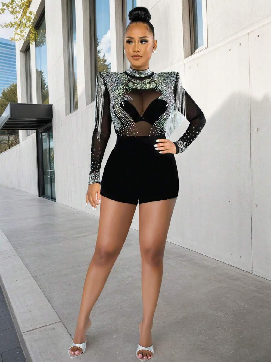 Sexy Contrast Mesh Sheer Zipper Unitard For Women WithLong Sleeves And Short Length High Stretch Polyester Party WearBlack Silver Rhinestone Fringe Sheer Mesh, High-Neck Long-Sleeve Shorts Jumpsuit,Autumn/Vinter Christmas Party Luxury Romper - Black - View 1