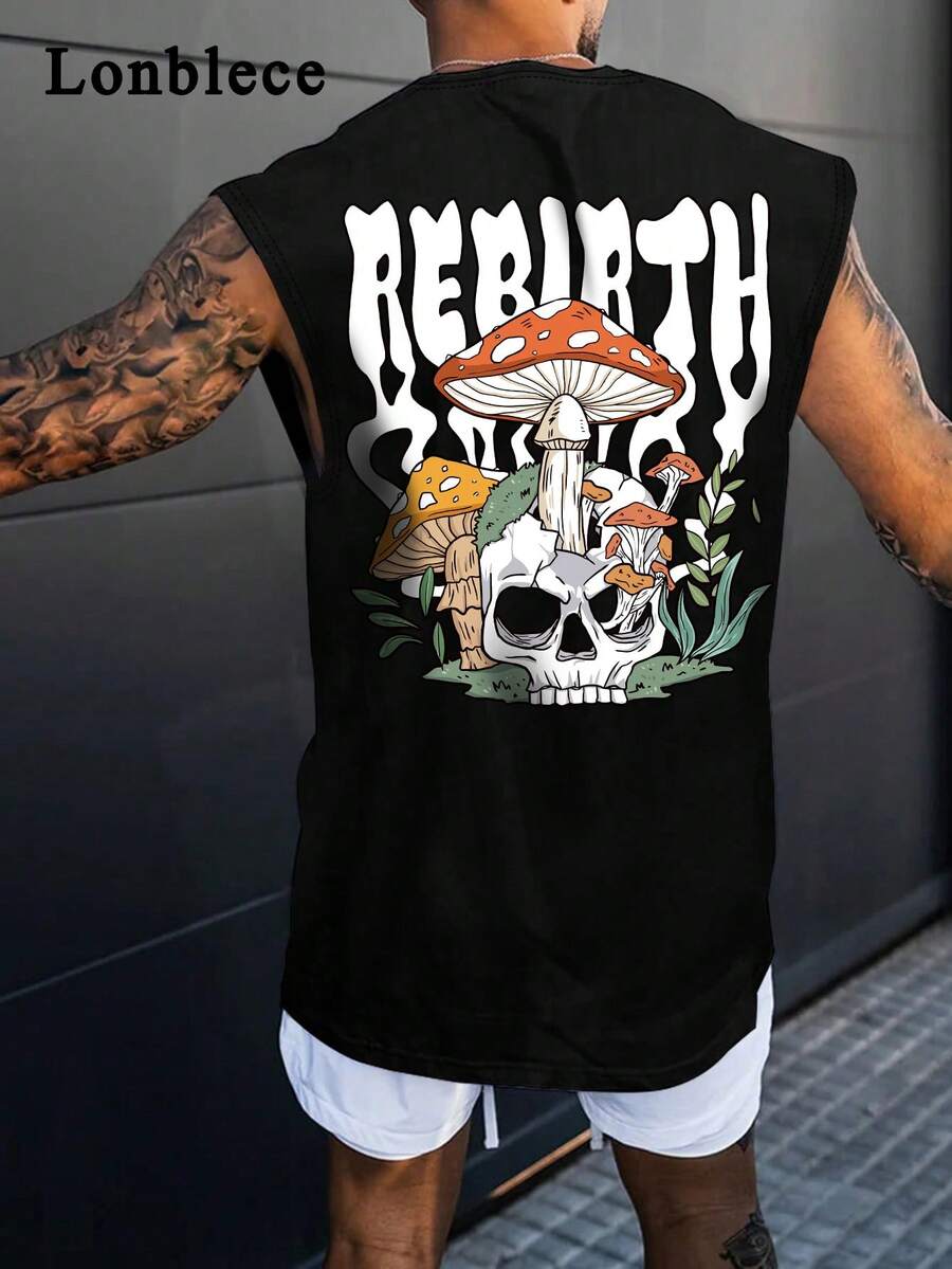 Lonblece Áo thun không tay mùa hè dành cho nam, áo ba lỗ in họa tiết ngôi nhà nấm - màu đen - Xem 1