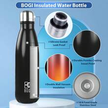 BOGI 17oz Insulated Water Bottle Double Wall Vacuum Stainless Steel Water Bottles, Leak Proof Metal Sports Water Bottle Keeps Drink Hot And Cold - Perfect For Outdoor Sports Camping Biking (Mint) - 1 包-黑色 - 查看 3