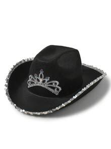 【水钻装饰】女士牛仔帽，涤纶材质，帽冠饰以水钻，人造银线设计，宽帽檐，抽绳束口，适合新娘、婚礼派对、节日和万圣节等场合。 - A - 查看 10