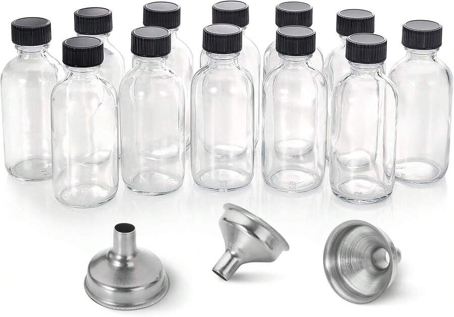 AOZITA 12 Pack, 2 Oz Small Clear Glass Bottles W/Lid &Amp; 3 Funnels - 60ml Boston Shot Bottles For Health, Immunity, Potion, Wellness, Sample, Ginger, Juice - Mini Personal Care &Amp; Beauty Travel Bottle - White - View 1