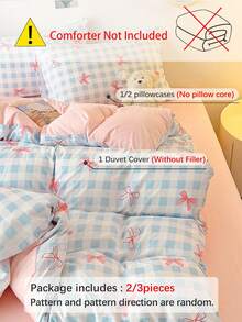2/3pcs Pink Bow, Blue Plaid Bedding Set, Suitable For Students, Super Soft, Sweet & Cute, Brushed Duvet Cover & Pillowcase Set, Spring/Summer, Available In Twin/Queen/King Size