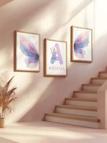 3 件无框个性化紫色蝴蝶名字艺术印刷象形图片热气球印刷海报动物帆布画月亮和星星墙壁艺术婴儿房海报女婴卧室装饰，儿童照片定制壁画，极简风格墙面装饰，个性化定制照片印在画布上，无框油画风格壁画