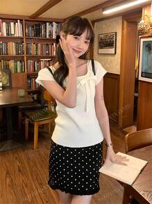Pure Sexy Off-Shoulder Bowknot Short Sleeve Knit Sweater, Sweet Elegant Slimming Blouse For Women, Summer New Arrival