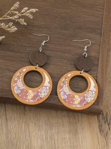 1 Pair Bohemian Style Wooden Floral Print Earrings, Double Circle Single-Side Colorful Flower Pattern Unique Yellow Ear Accessories