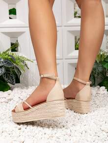 Women's Apricot Bow Decor Braided Rope Sandal, Resort Style Platform Thick Sole High Heel Espadrille Sandal, Ankle Strap Canvas Bottom Wedge, Spring Summer Shoes, Spring Vacation, Easter - Apricot - View 5