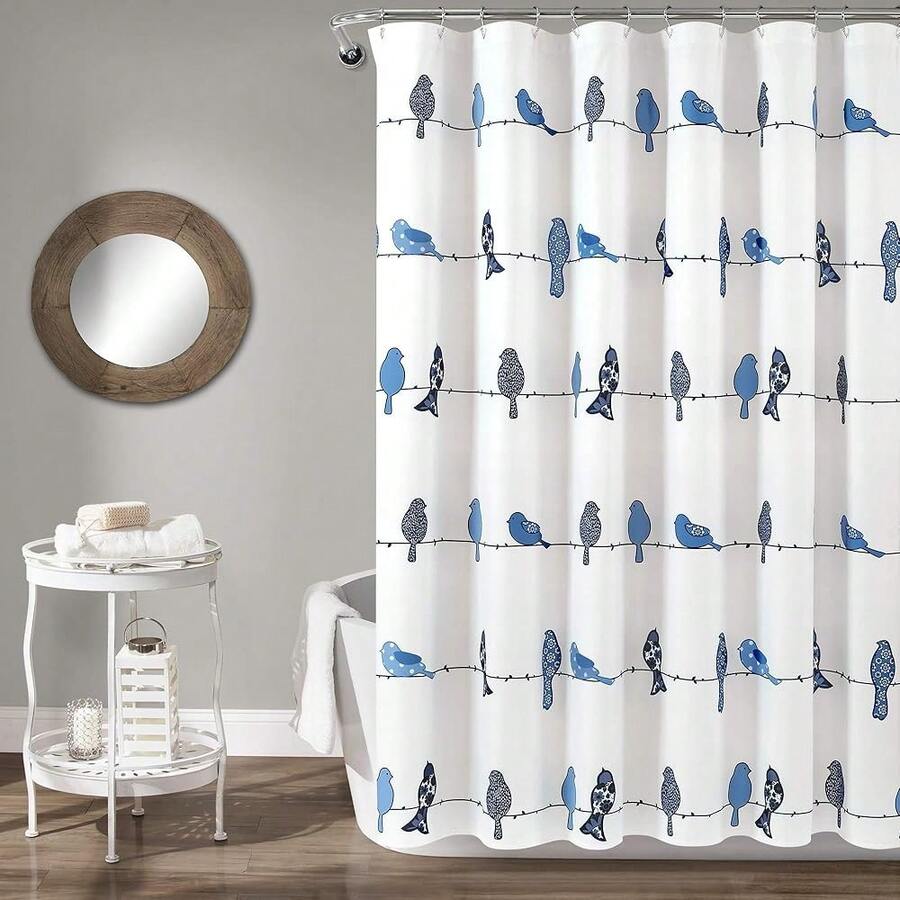 New Lush Decor Rowley Birds Shower Curtain, 72\U201d W X 72\U201d L, Navy - Colorful Floral Bird Pattern - Whimsical & Playful Bird Shower Curtain - Farmhouse, Coastal, & Boho Bathroom Decor - 海軍藍 72 英吋寬 x 72 英吋長(1 包) - 查看 1