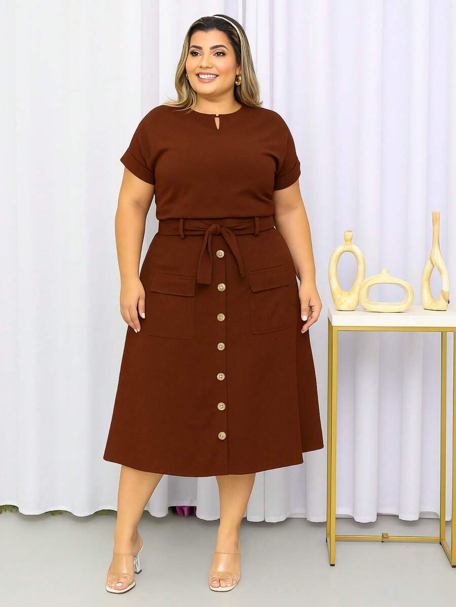Women's Plus Size Linen Set Basic Blouse And Midi Skirt Social Evangelical Fashion Cargo Pocket With Buttons And Bow - 鏽棕色 - 查看 1