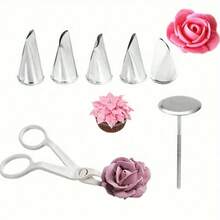 7pcs Baking Pastry Tool Set Stainless Steel Rose Petal Leaves Nozzles Cake Decorating Tips Tulip Flower Scissor Cake Tray Mounting Scissors Nails Essential For Confectionery Icing Cream Transfer And Elegant Cake Decor - Multicolor - View 10