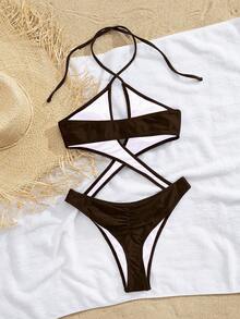 Nuevo traje de baño de una pieza con escote en V y abertura cruzada estilo europeo y americano para mujeres