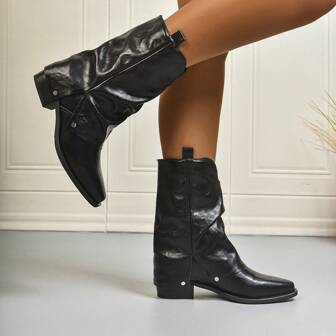 Women's Unique Fold Pointy Toe Block Heel Slip-On Western Style Mid-Calf Boots, Fashionable And Comfortable Versatile Casual Wear