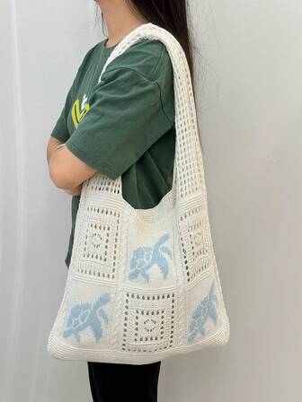 Nuevo estilo de verano Bolsos de tote ligeros para uso diario de las mujeres, bolsas de playa tejidas a ganchillo con diseño de tortuga marina hueco, bolsa de verano para vacaciones