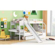 Twin Over Twin Bunk Bed With Storage Staircase, Slide And Drawers, Desk With Drawers And Shelves, White-1810 - Multicolor - View 4