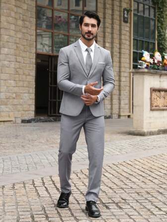 CLOUDSTYLE Men's Solid Color Lapel Neck Long Sleeve Jacket And Trousers Business Suit Set, Spring/Autumn