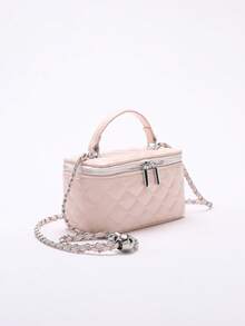 1 件时尚 PU 钻石图案绗缝拉链小方形手提包，女士百搭单肩斜挎包 - 粉色 - 查看 10