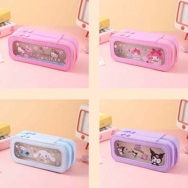 Sanrio Sanrio Pencil Case Hello Kitty Kuromi Large Capacity Double-Layer Transparent Zippered Stationery Pencil Case, My Melody Cute Pink Windowed Transparent Double-Layer Pencil Case, Cinnamoroll Large Opening Design Stiff And Stylish Stationery Storage Box,Pencil Pouch,School Bag