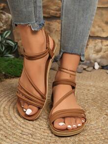 Women's Summer New Elegant Comfortable Striped Vacation Plus Size Flat Sandals, Brown,Boho Style - Brown - View 5