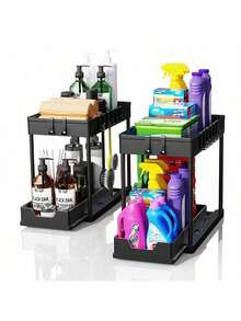 Under Sink Organizers And Storage, 2-Tier Sliding Cabinet Basket Organizer With Hooks, Multi-Purpose Under Sink Organizers And Storage For Bathroom Kitchen - Black - View 2