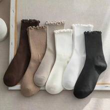 1/6 Pairs (Random Mix) Ladies Ruffled Trim Socks, Fashionable Korean Style Cute Casual Mid-Calf Socks Suitable For Autumn/Winter Outfits