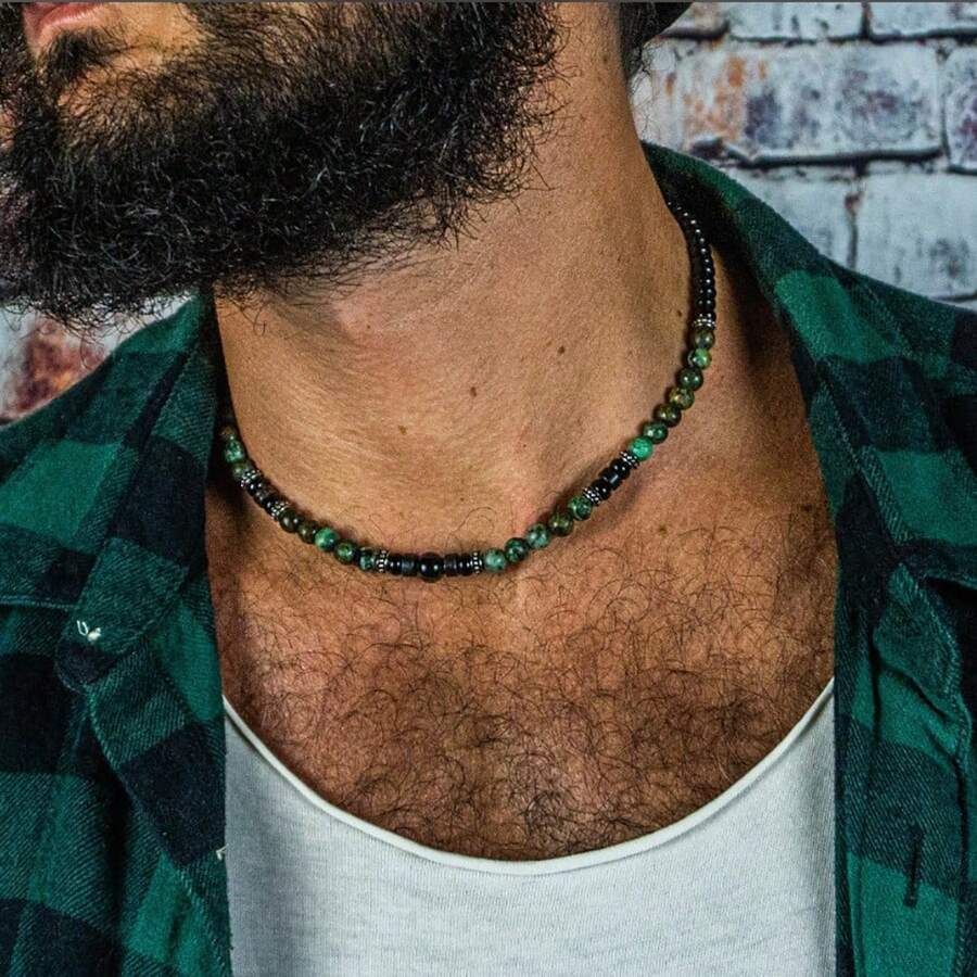 1 Pc Men Handmade Natural Stone Beads Single Layer Punk Style Necklace, Gift For Men In Summer - Multicolor - View 1