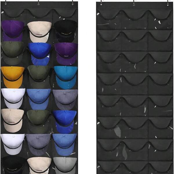 1 perchero con 24 bolsillos, organizador de gorras sobre la puerta con bolsillos amplios transparentes y 3 ganchos, almacenamiento y exhibición de gorras, perchero organizador de almacenamiento de gorras de béisbol