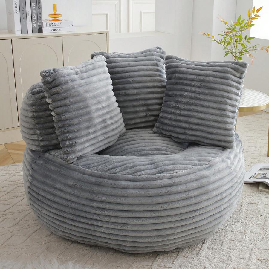 Giant Bean Bag Chair With Ottoman, Memory Foam Filled Corduroy Gaming Chair,With Pedals,Faux Fur Shell-Shaped Lounge Chair - Floor Sofa For Living Room, Home Theater, Play Zone - & Non-Slip Base,Very Suitable For Bedrooms, Living Rooms, Game Rooms, Study Rooms, Offices, Or Apartments. - A-灰色(燈芯絨) - 查看 1
