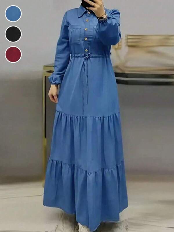 Solid Button Front Cinched Waist Shirt Dress