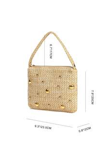 Elegant Spring/Summer Simple Plain Straw Studded Magnetic Triangle Handle Clutch Bag, For Party, Wedding, Prom, Gathering, Beach - Beige - View 2