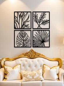 4pcs Modern Metal Wall Decor: Leaf Sculpture Decorations For Living Room, Bedroom, Home & Garden - Contemporary Leaf Metal Wall Signs Art For Home Decor Room Decor Bedroom Decor - Black - View 2