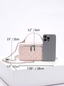 1 件时尚 PU 钻石图案绗缝拉链小方形手提包，女士百搭单肩斜挎包 - 粉色 - 查看 4