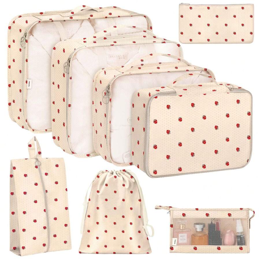 8-Piece Packing Cubes,Travel Clothes Storage Bags,Luggage Packing Organizers, Foldable, With Zipper, Shoe Tidy Pouch , For Suitcases, Back To School, Travel, Vacation Essentials, Travel Accessories,Pack Your Luggage With Ease - 米底草莓 - 查看 1