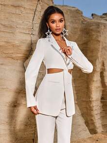 女士奢华水钻镂空扭纹口袋修身长袖节日派对西装外套和低腰喇叭裤 2 件套，非常适合特殊场合