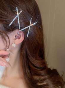 2pcs Golden Crystal X-Shape Hair Clip For Women, Minimalist Hair Accessory, Bangs & Flyaway Hair Clip