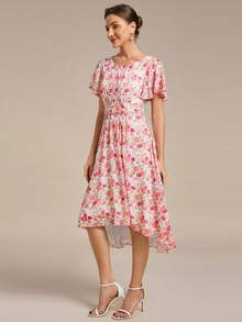 EVERPRETTY Váy phù dâu voan xếp ly họa tiết hoa tay bèo nhún thanh lịch dành cho nữ mùa thu Váy dự tiệc cưới trang trọng cho khách dự tiệc cưới - Hồng - Xem 4
