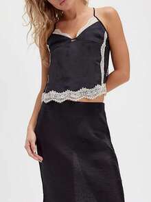 Women Y2k Lace Trim Camisole Sleeveless Spaghetti Strap V Neck Loose Crop Tank Cami Tops Backless Tie Up Going Out Shirts Tops 2000s Aesthetic Clothes Summer Streetwear - 藏蓝色 - 查看 2